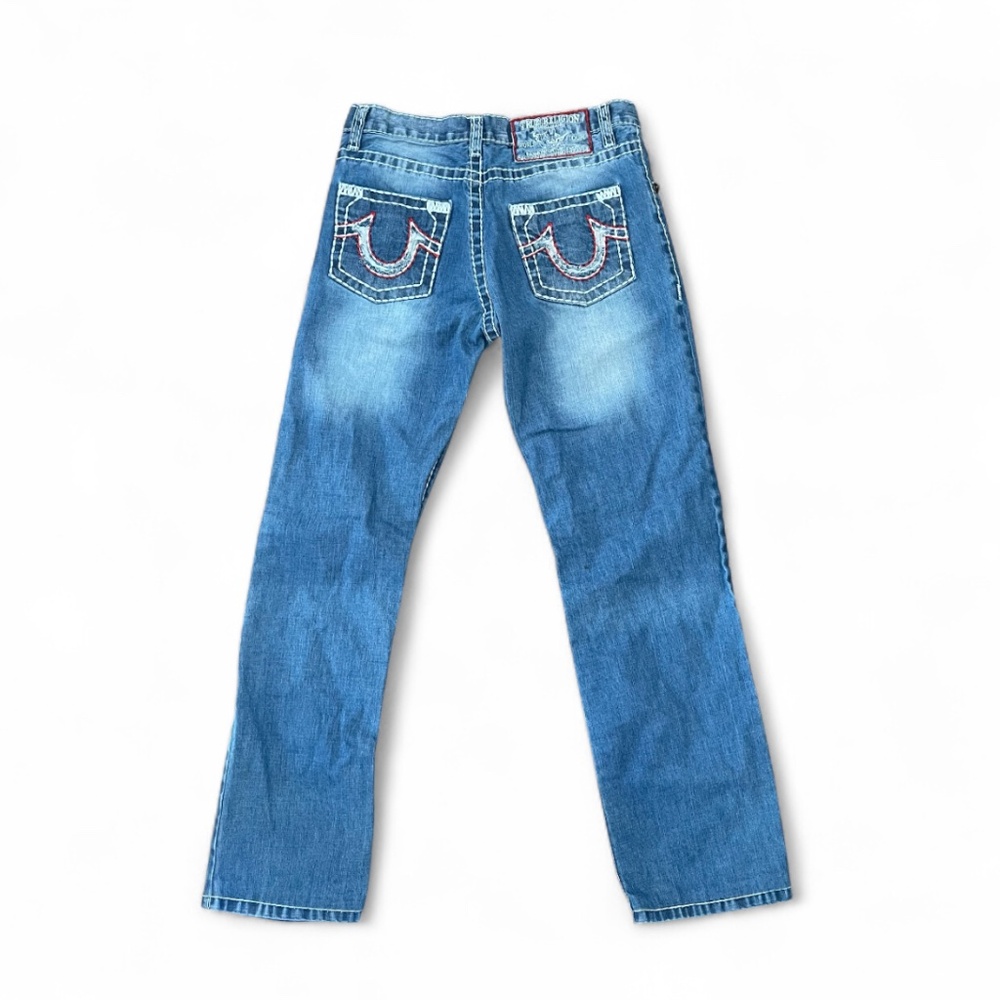 Iconic Y2K True Religion Mickey Big T Jeans Wide Stitching Low Rise Sz 32